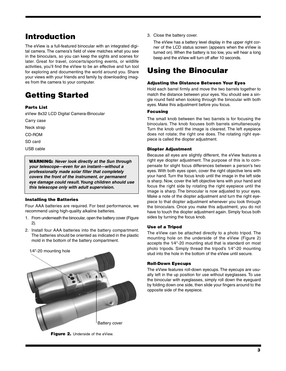 Introduction, Getting started, Using the binocular | Orion eViewTM 8x32 LCD User Manual | Page 3 / 8