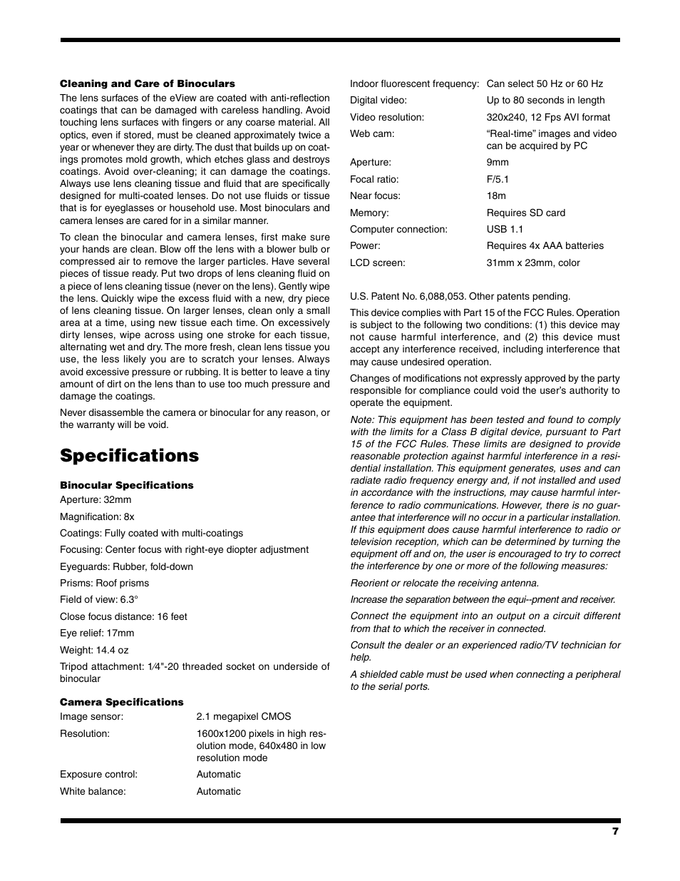 Specifications | Orion eViewTM 8x32 LCD User Manual | Page 7 / 8