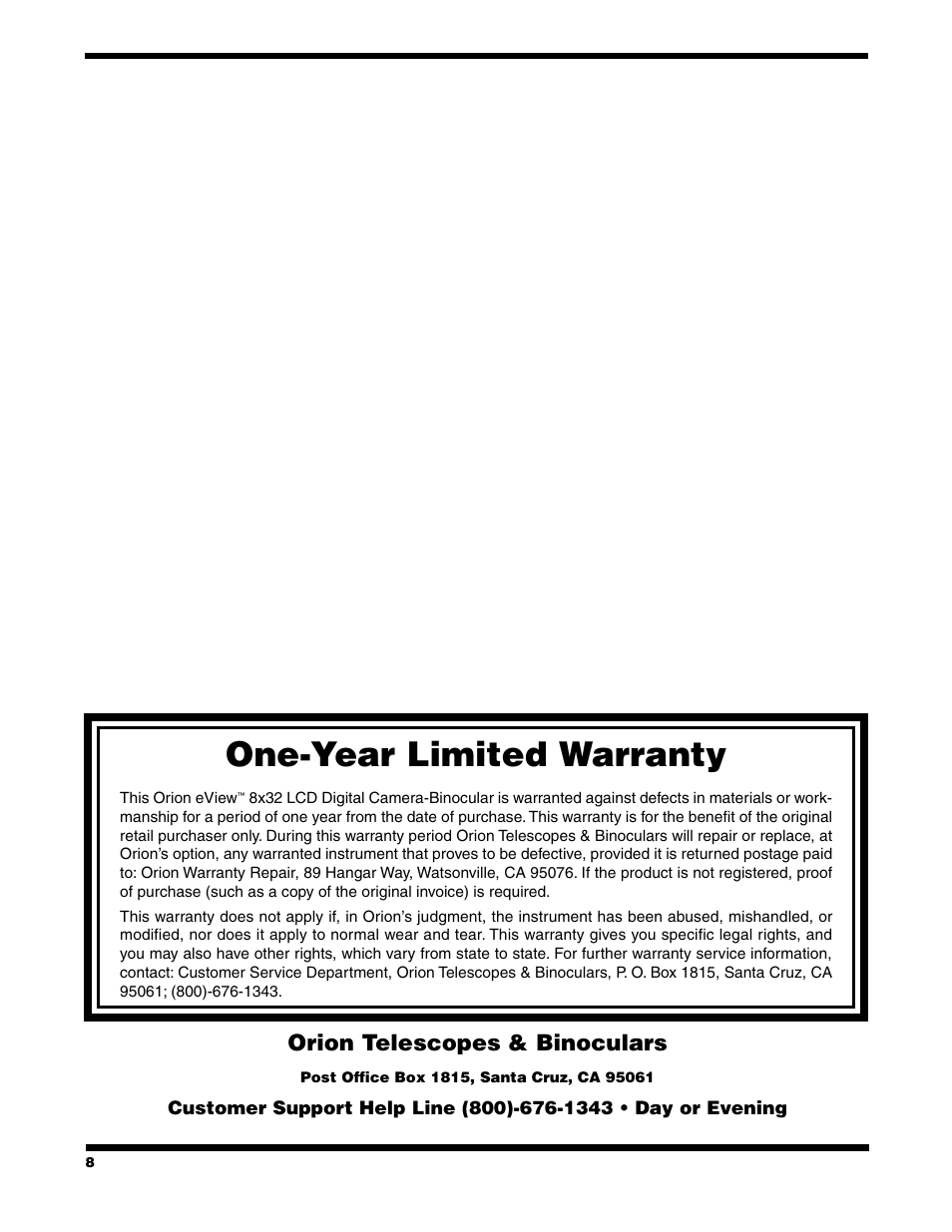 One-year limited warranty, Orion telescopes & binoculars | Orion eViewTM 8x32 LCD User Manual | Page 8 / 8