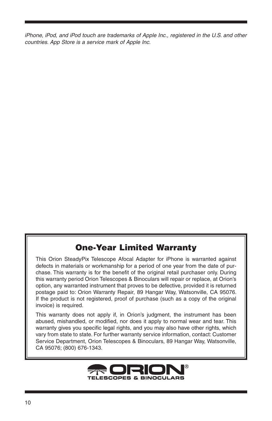 One-year limited warranty | Orion STEADYPIX 5303 User Manual | Page 6 / 6