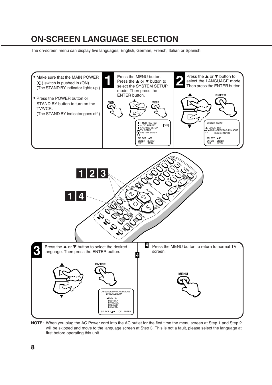 On-screen language selection | Orion 20VROT User Manual | Page 10 / 44