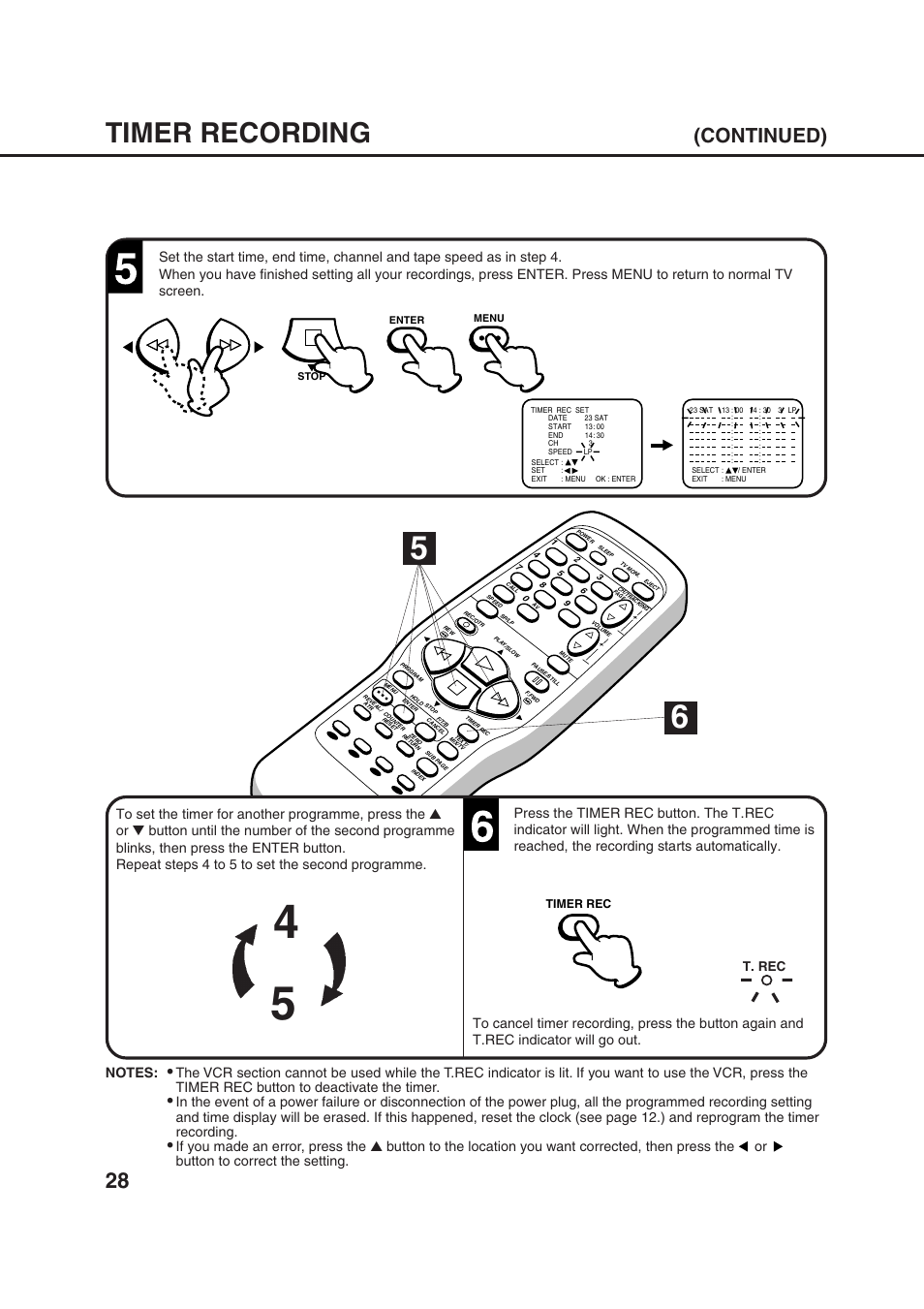 Timer recording, Continued), Button to correct the setting | Orion 20VROT User Manual | Page 30 / 44