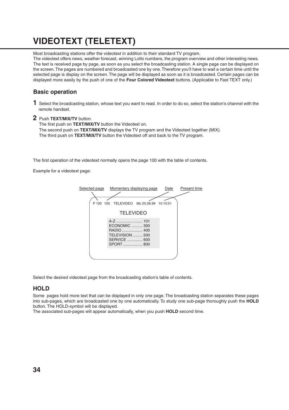 Videotext (teletext), Basic operation, Hold | Orion 20VROT User Manual | Page 36 / 44