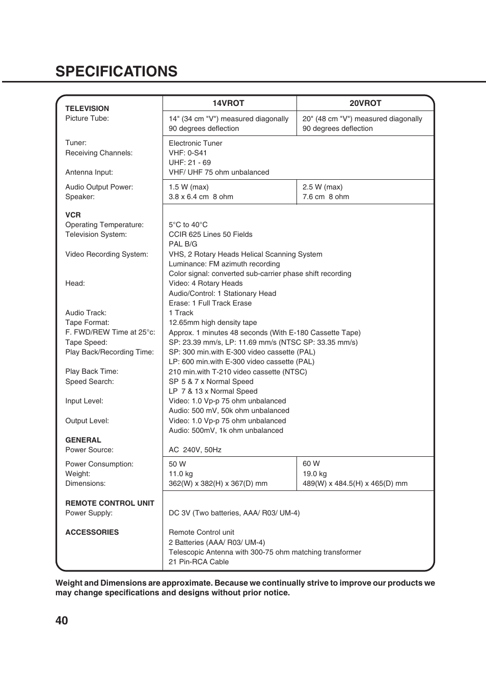 Specifications | Orion 20VROT User Manual | Page 42 / 44