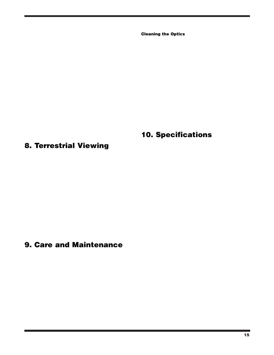 Terrestrial viewing, Care and maintenance, Specifications | Orion 120 EQ User Manual | Page 15 / 16