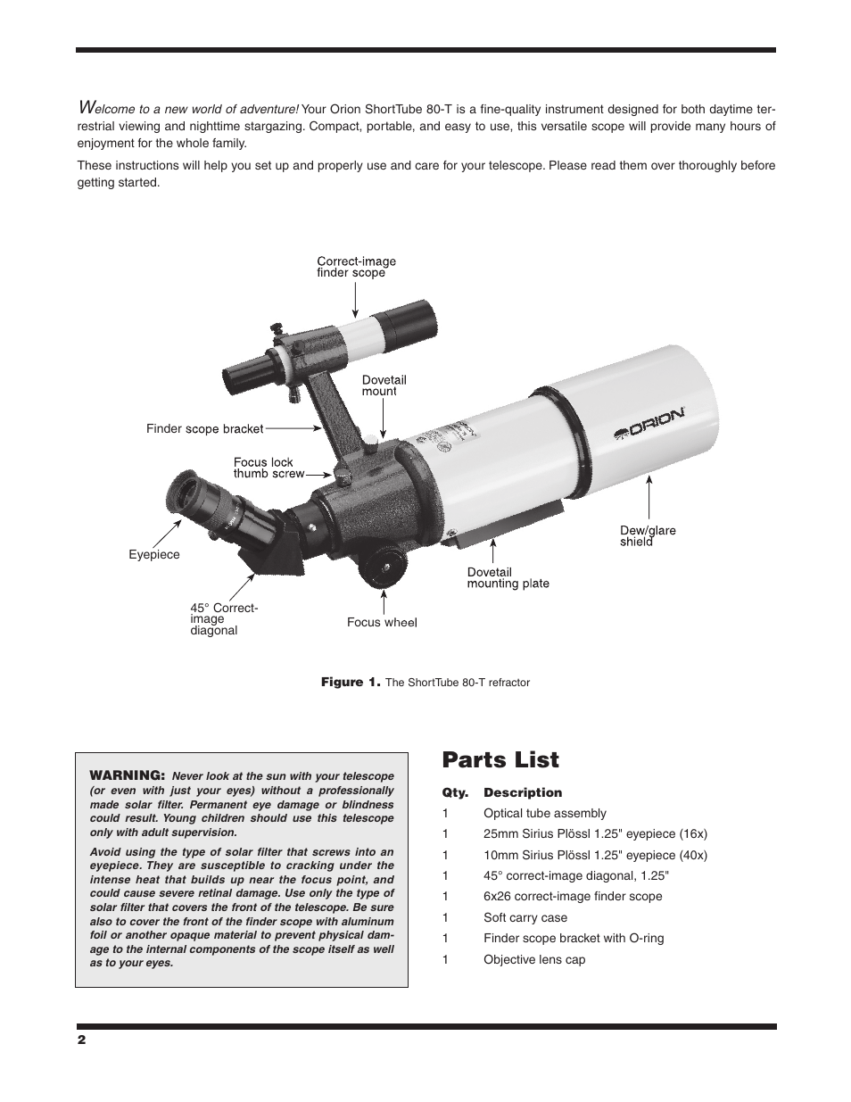 Parts list | Orion SHORTTUBE 80-T User Manual | Page 2 / 8