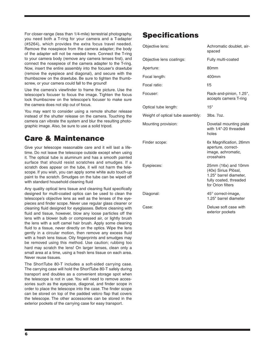 Care & maintenance, Specifications | Orion SHORTTUBE 80-T User Manual | Page 6 / 8