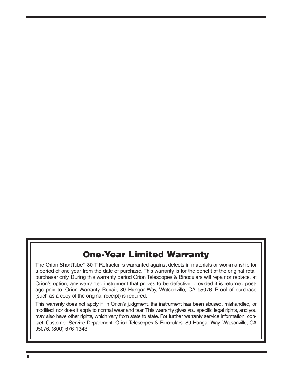 One-year limited warranty | Orion SHORTTUBE 80-T User Manual | Page 8 / 8