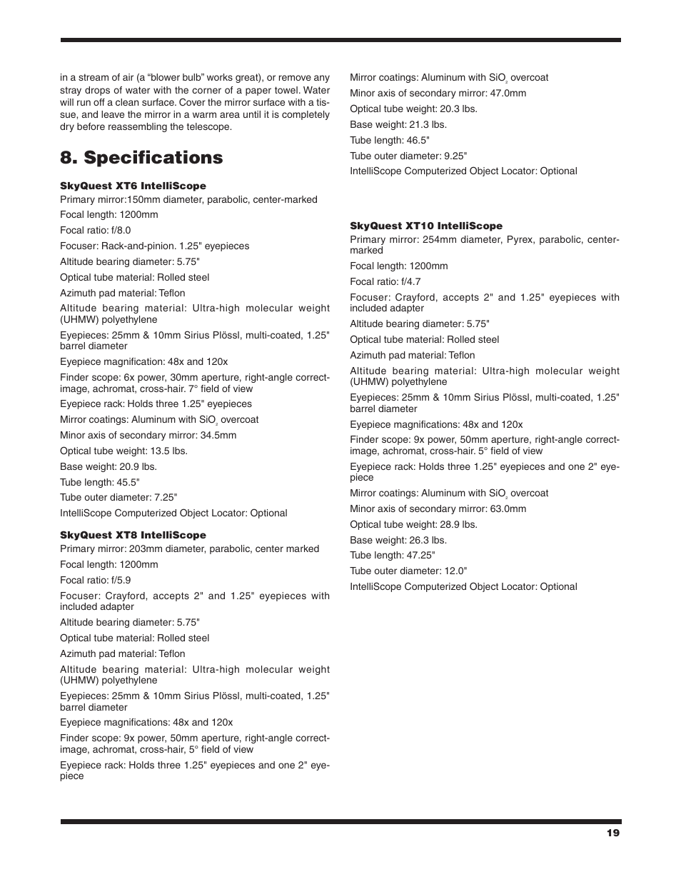 Specifications | Orion SKYQUEST XT10 User Manual | Page 19 / 20