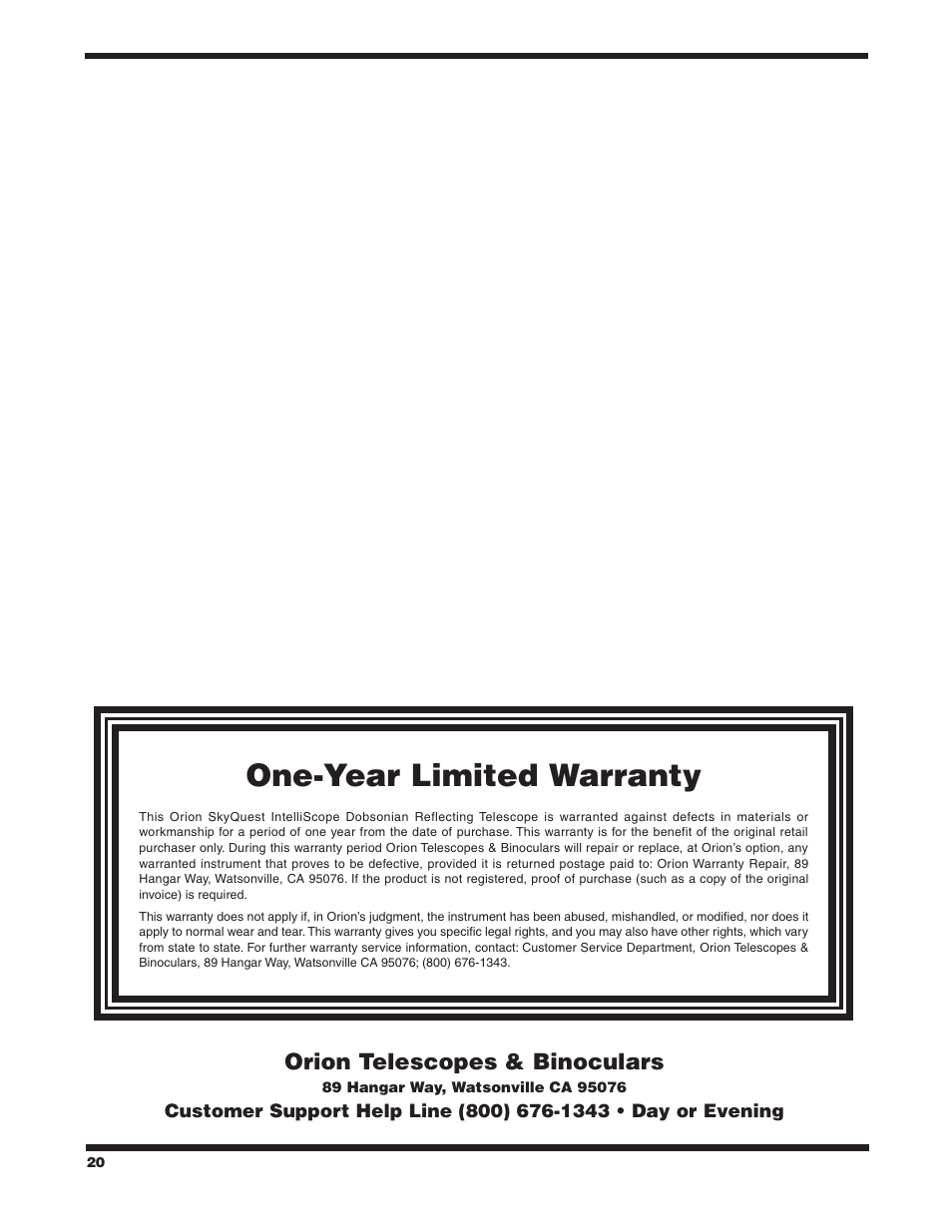 One-year limited warranty, Orion telescopes & binoculars | Orion SKYQUEST XT10 User Manual | Page 20 / 20