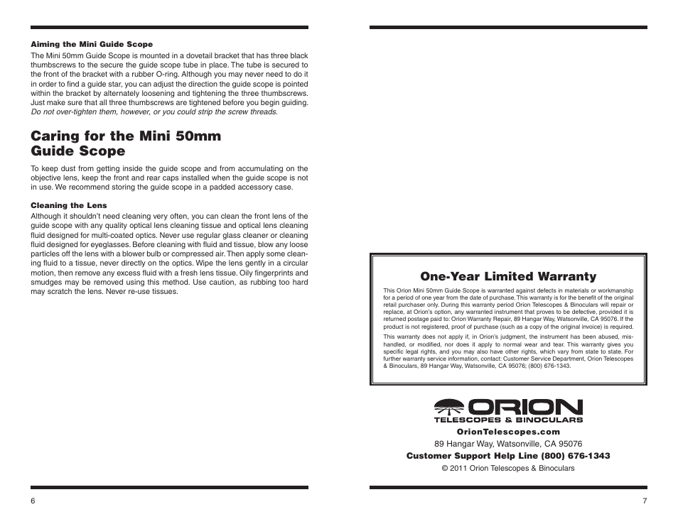 Caring for the mini 50mm guide scope, One-year limited warranty | Orion 8891 User Manual | Page 4 / 4