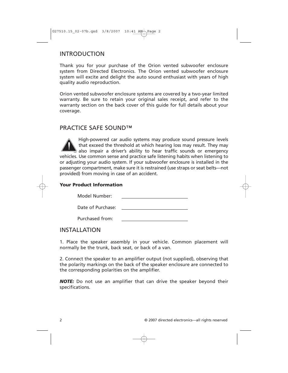 Introduction, Practice safe sound, Installation | Orion BP-HP10D2 User Manual | Page 2 / 6