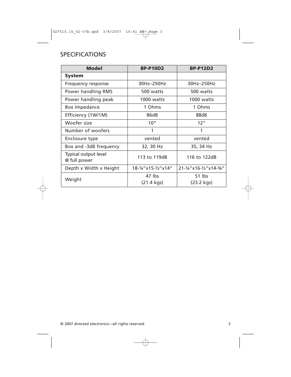 Specifications | Orion BP-HP10D2 User Manual | Page 3 / 6