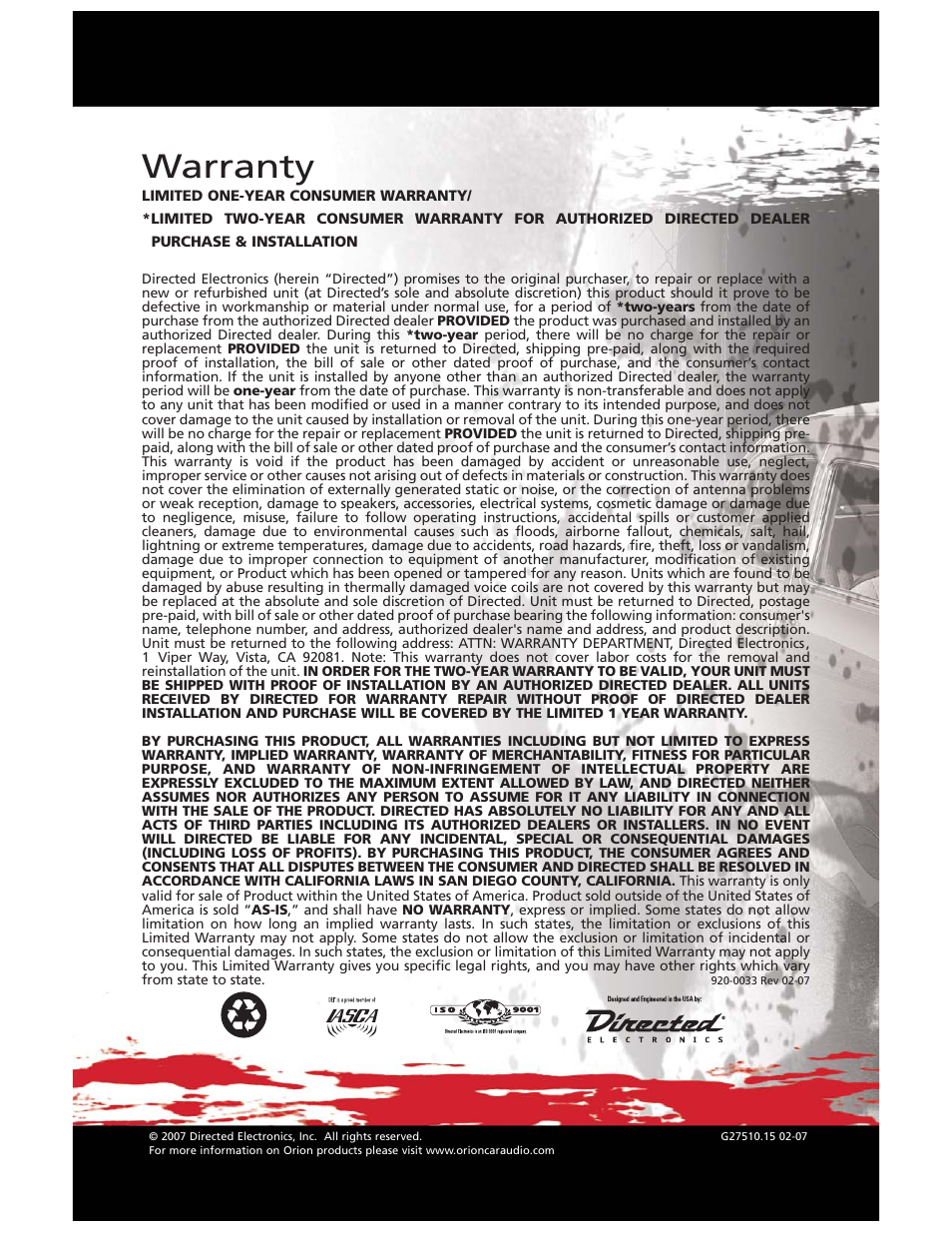 Warranty | Orion BP-HP10D2 User Manual | Page 6 / 6