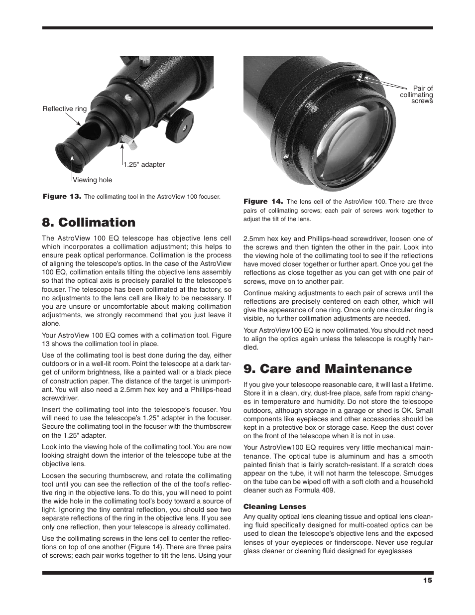 Collimation, Care and maintenance | Orion ASTROVIEW 9862 User Manual | Page 15 / 16
