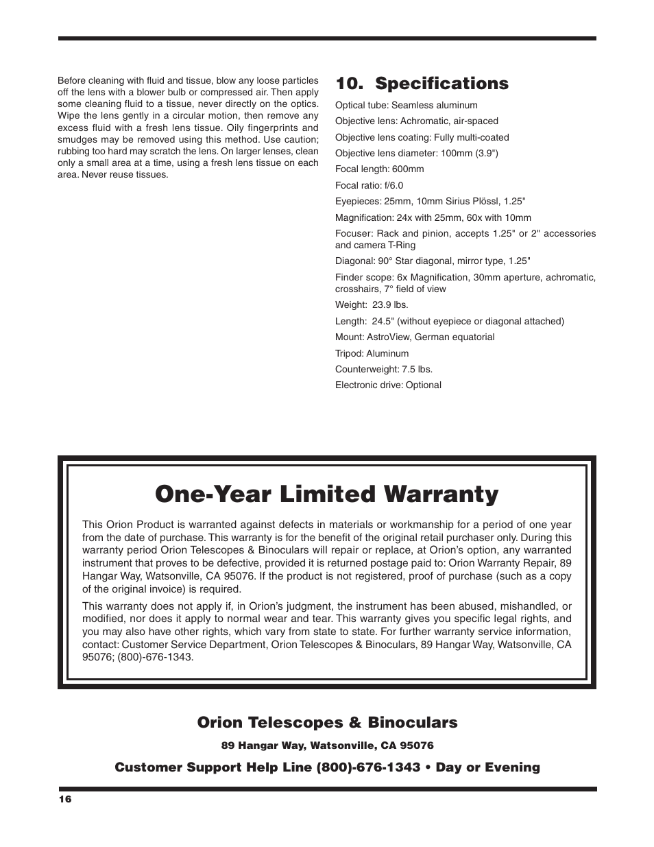 One‑year limited warranty, Specifications | Orion ASTROVIEW 9862 User Manual | Page 16 / 16