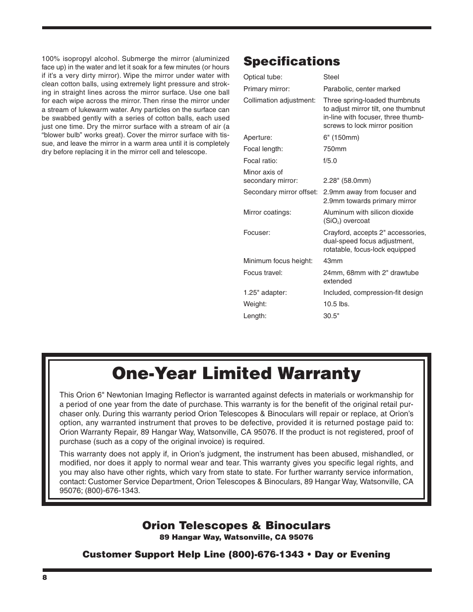 One‑year limited warranty, Specifications, Orion telescopes & binoculars | Orion 9786 User Manual | Page 8 / 8