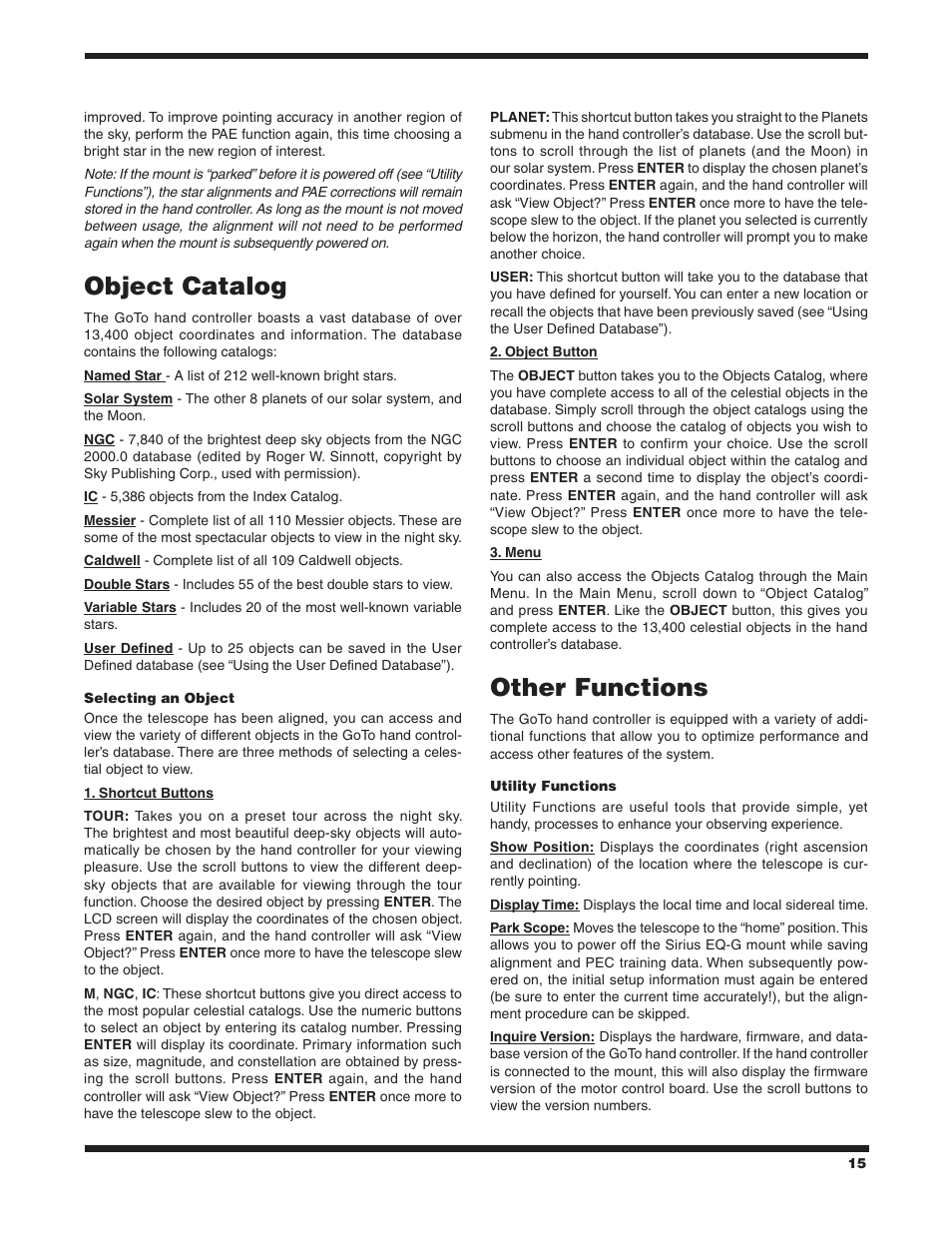 Object catalog, Other functions | Orion SIRIUS 9995 User Manual | Page 15 / 28