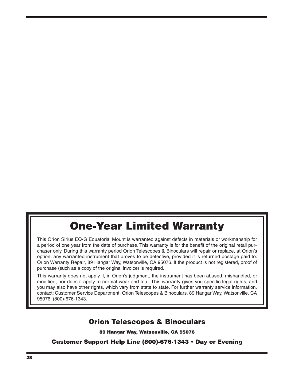 One‑year limited warranty | Orion SIRIUS 9995 User Manual | Page 28 / 28