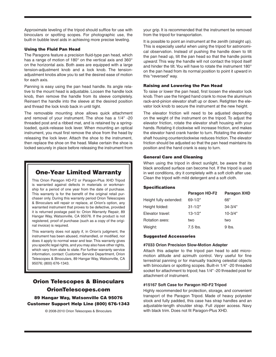 One-year limited warranty | Orion PARAGON 5377 User Manual | Page 2 / 2