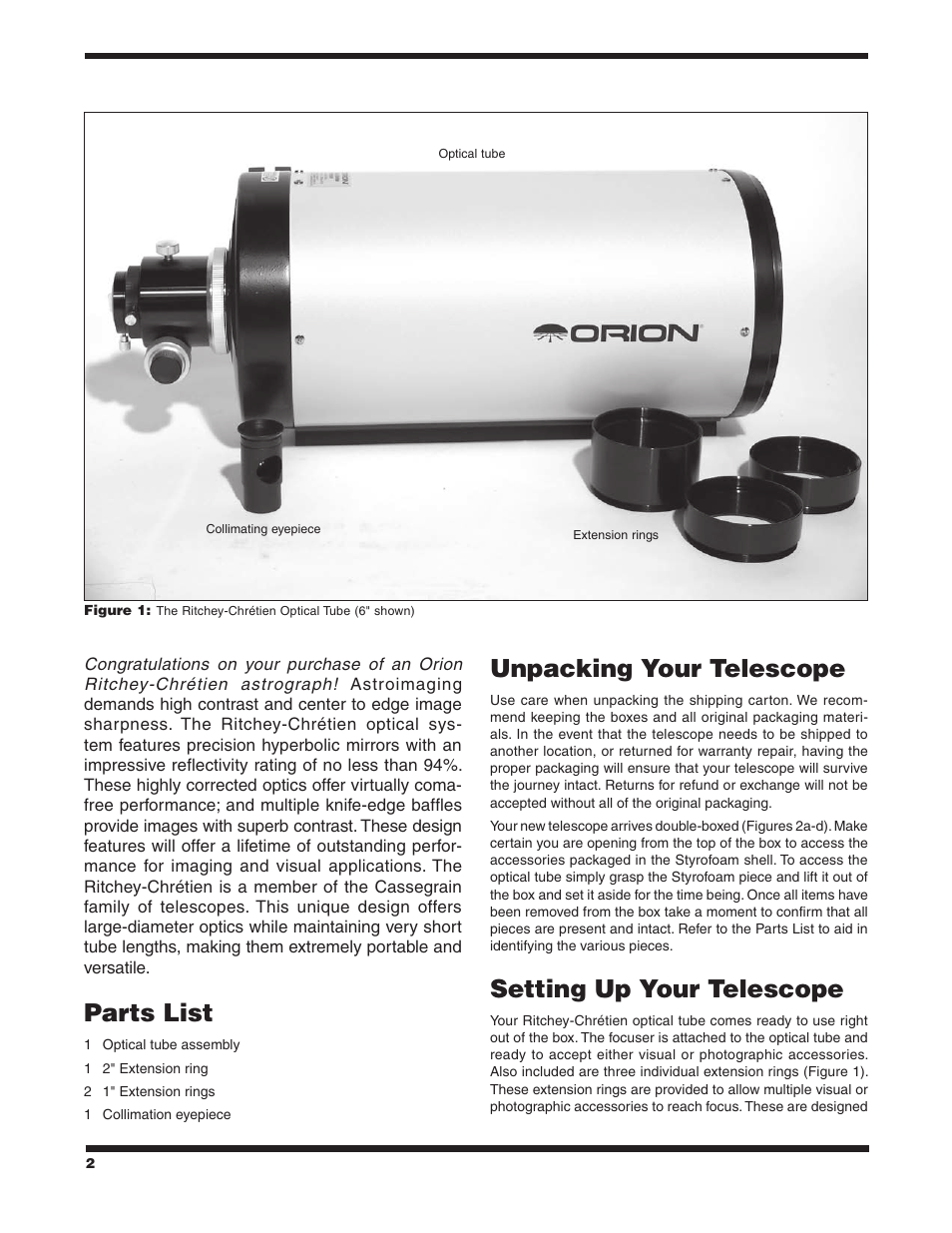 Parts list, Unpacking your telescope, Setting up your telescope | Orion 8956 User Manual | Page 2 / 9