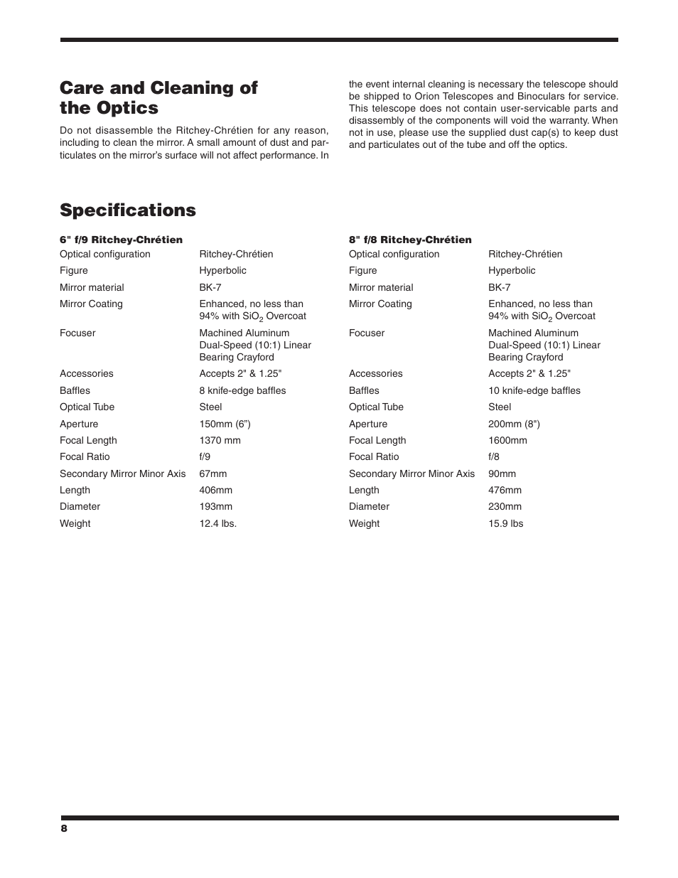 Care and cleaning of the optics, Specifications | Orion 8956 User Manual | Page 8 / 9