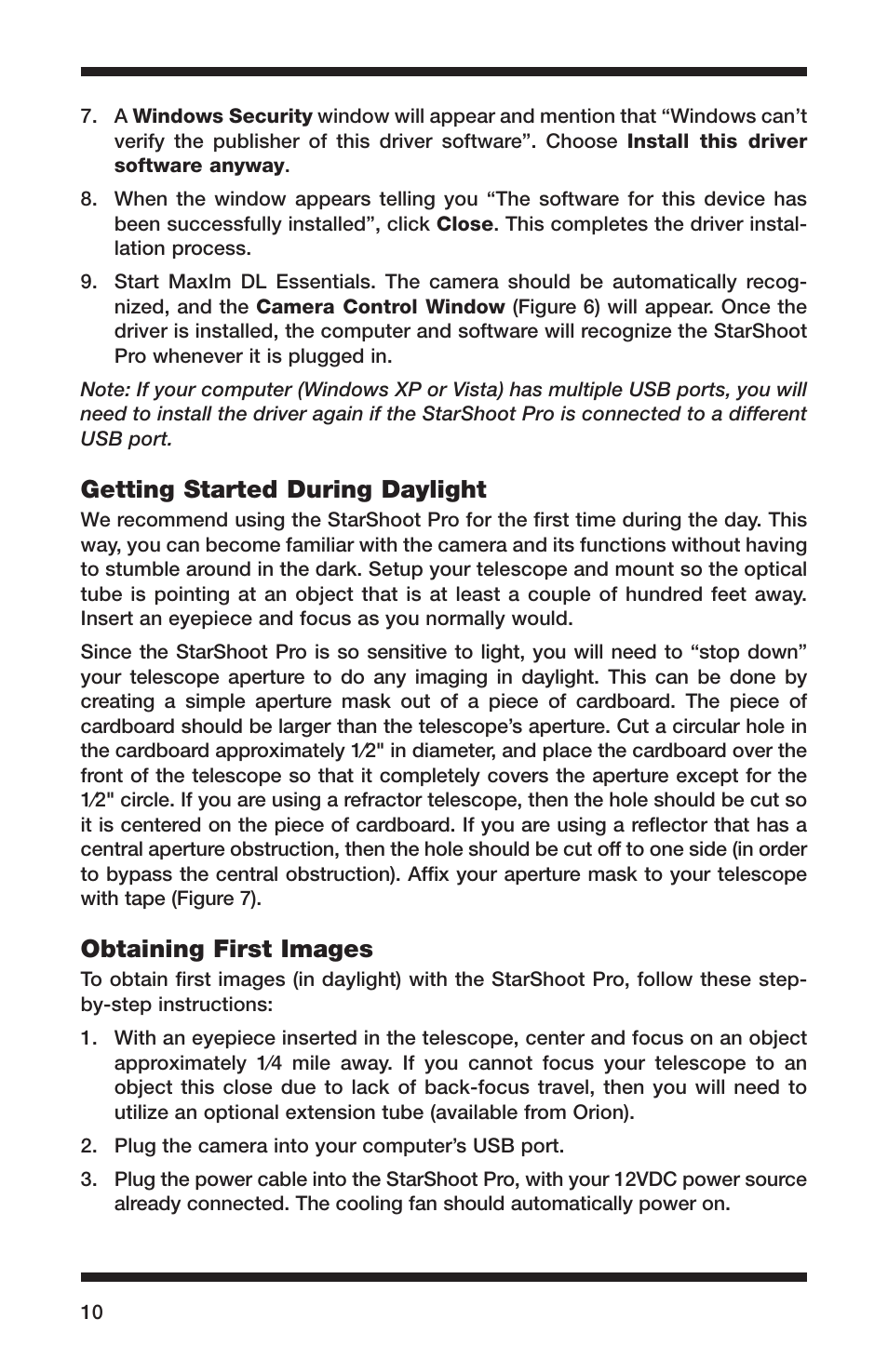 Getting started during daylight, Obtaining first images | Orion 52084 User Manual | Page 10 / 56