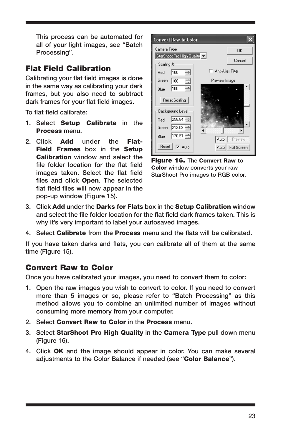 Flat field calibration, Convert raw to color | Orion 52084 User Manual | Page 23 / 56