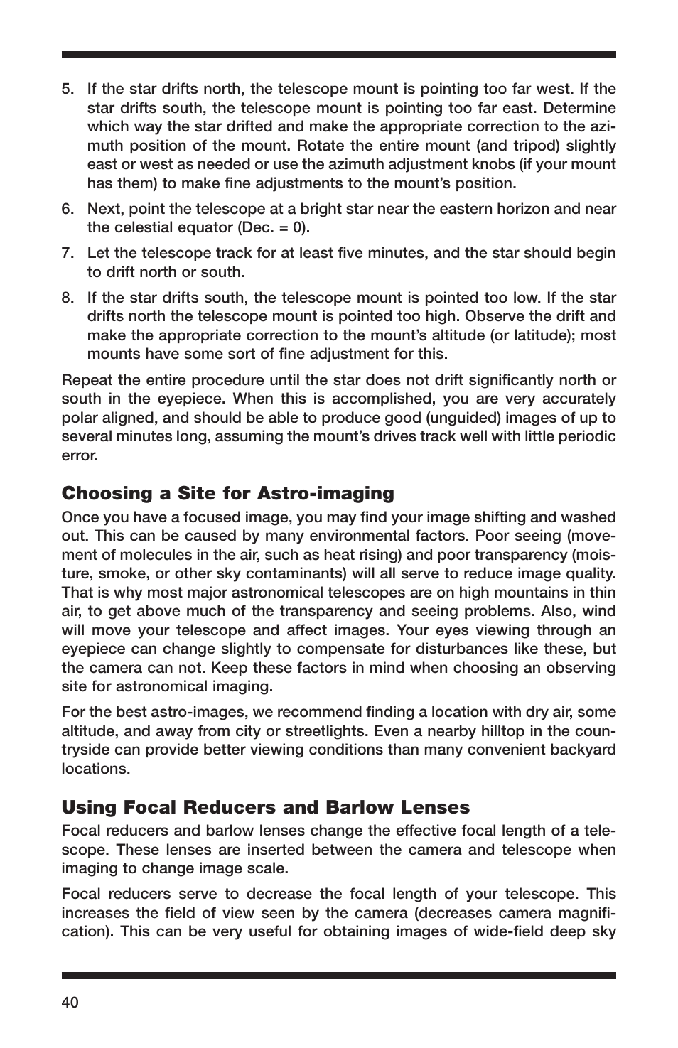 Choosing a site for astro-imaging, Using focal reducers and barlow lenses | Orion 52084 User Manual | Page 40 / 56