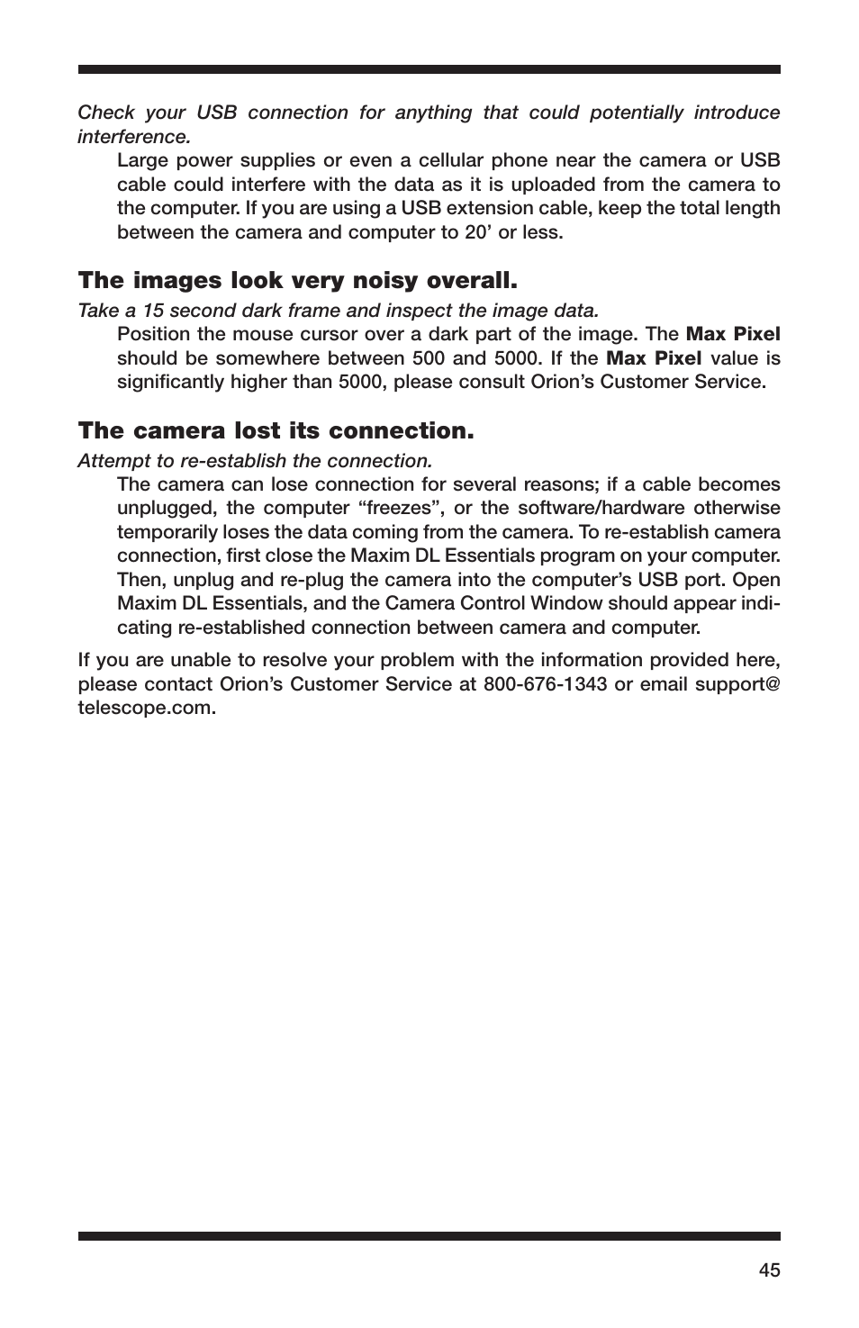 The images look very noisy overall, The camera lost its connection | Orion 52084 User Manual | Page 45 / 56