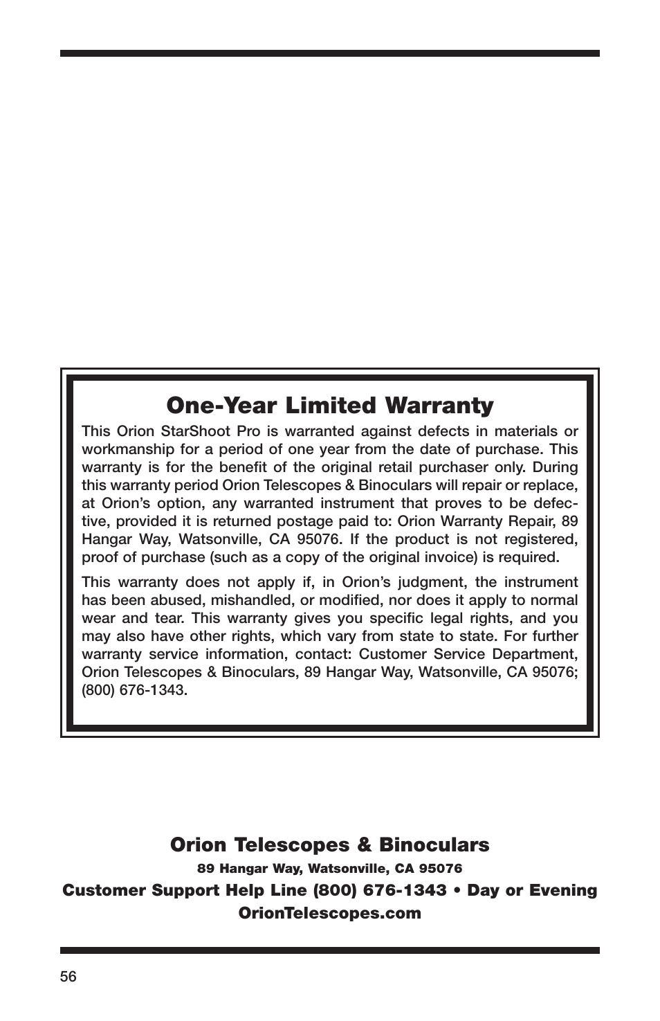 One-year limited warranty, Orion telescopes & binoculars | Orion 52084 User Manual | Page 56 / 56