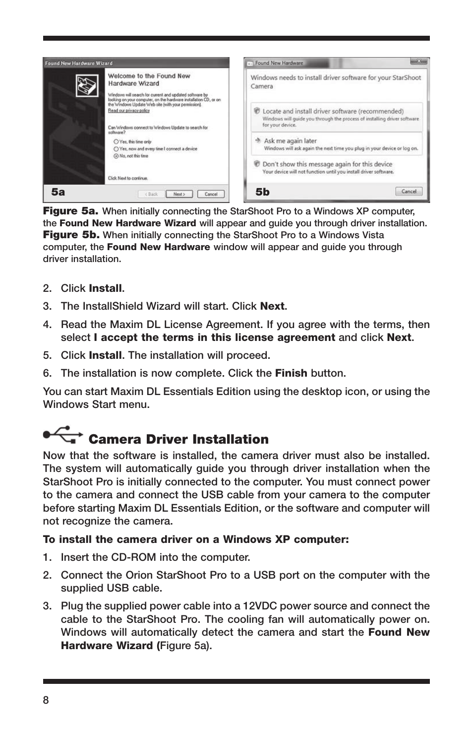 Camera driver installation | Orion 52084 User Manual | Page 8 / 56