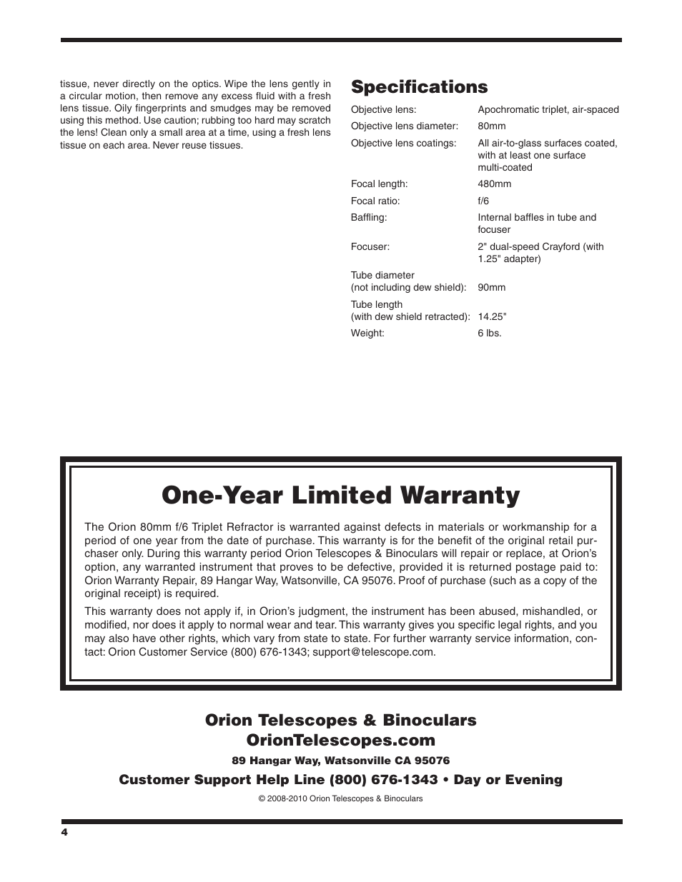 One-year limited warranty, Specifications | Orion ED80T CF User Manual | Page 4 / 4