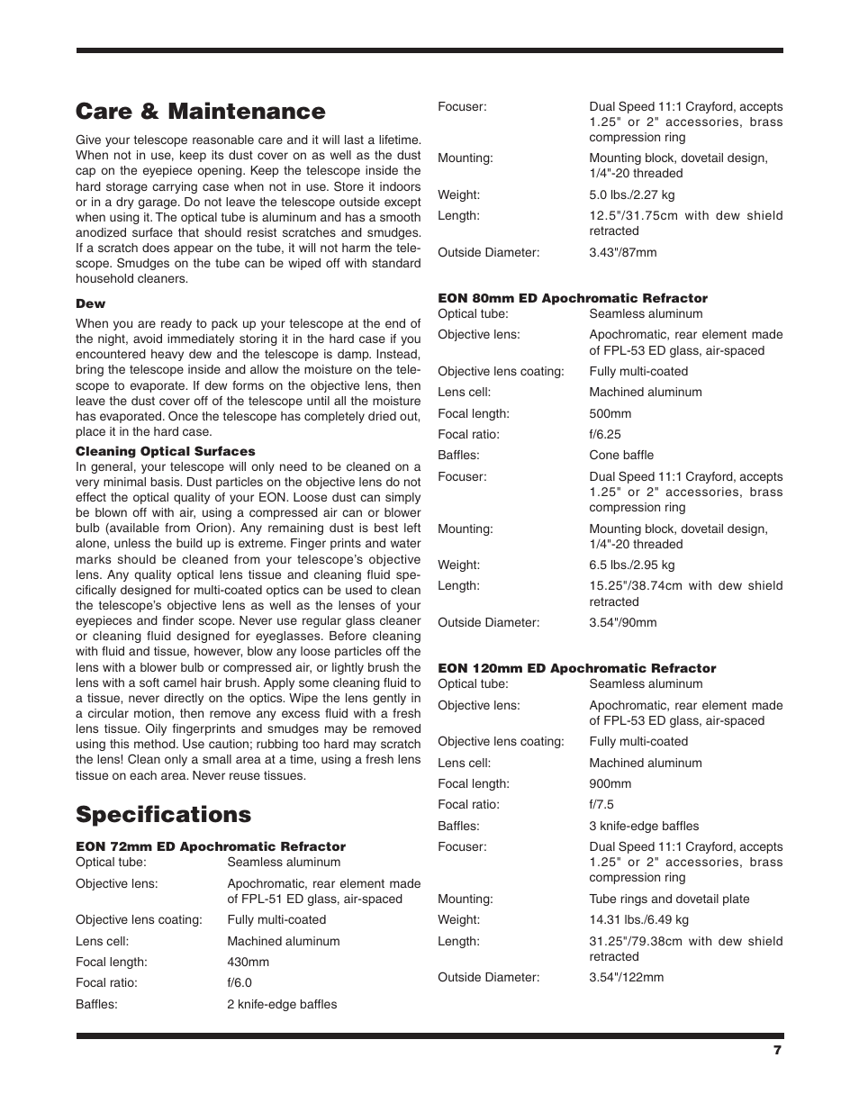 Care & maintenance, Specifications | Orion #9781 EON 72MM User Manual | Page 7 / 8