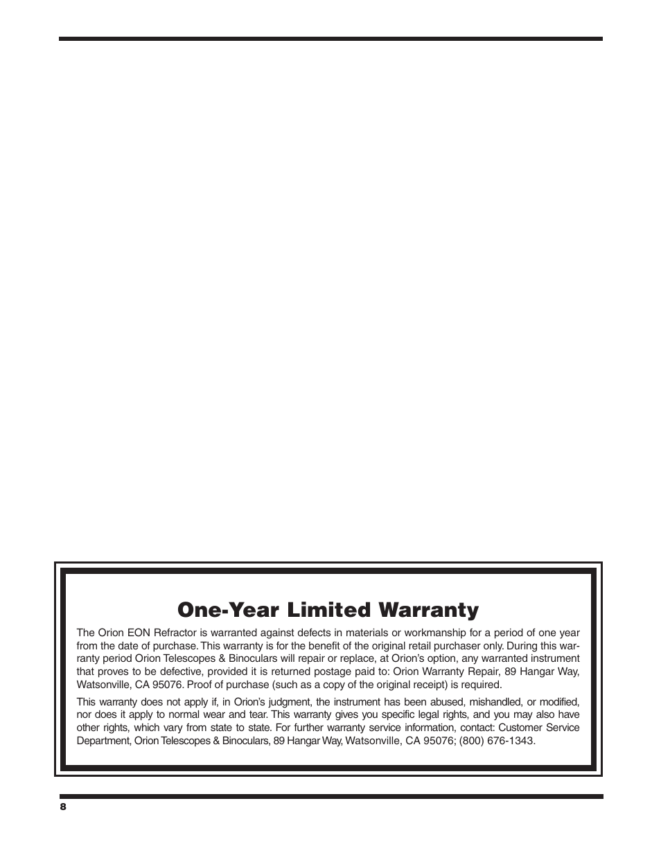 One-year limited warranty | Orion #9781 EON 72MM User Manual | Page 8 / 8