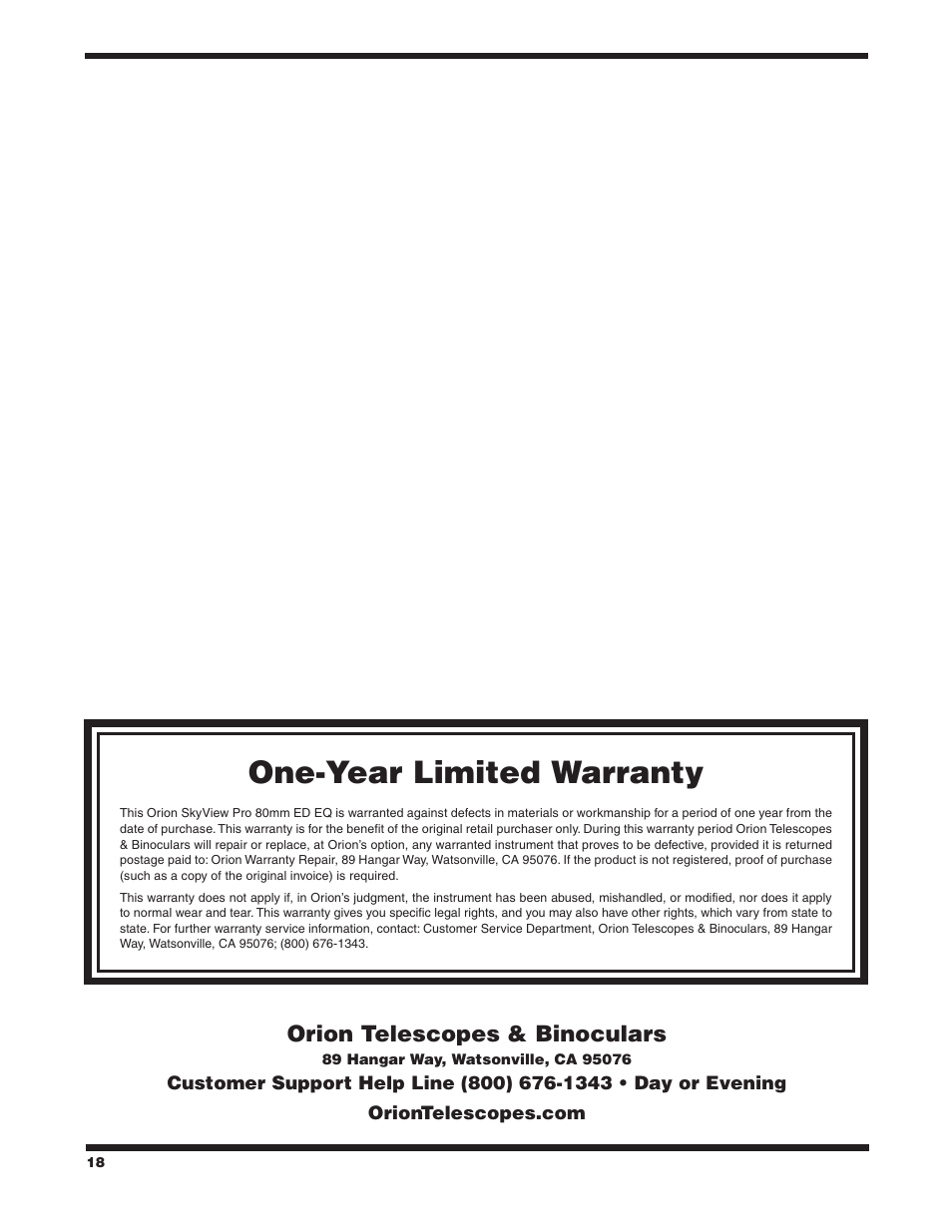 One‑year limited warranty, Orion telescopes & binoculars | Orion SKYVIEW 9884 User Manual | Page 18 / 18