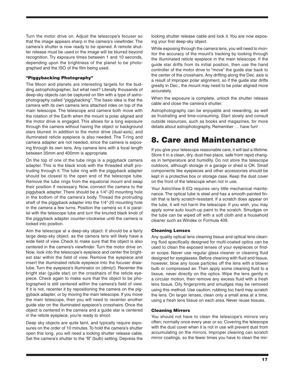 Care and maintenance | Orion ASTROVIEW 9827 User Manual | Page 17 / 18