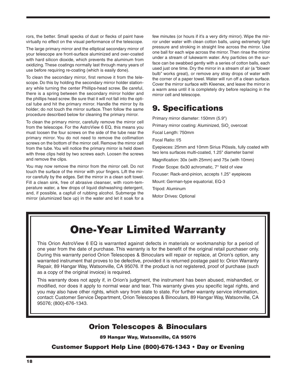 One‑year limited warranty, Specifications, Orion telescopes & binoculars | Orion ASTROVIEW 9827 User Manual | Page 18 / 18