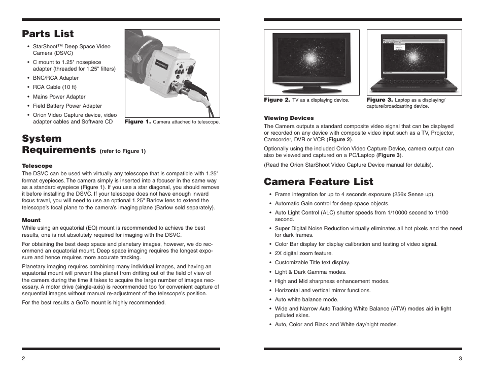Parts list, System requirements, Camera feature list | Orion STARSHOOT 52186 User Manual | Page 2 / 9
