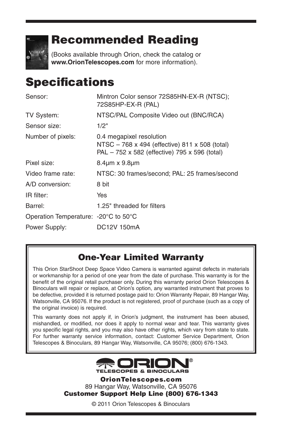 Recommended reading, Specifications | Orion STARSHOOT 52186 User Manual | Page 9 / 9