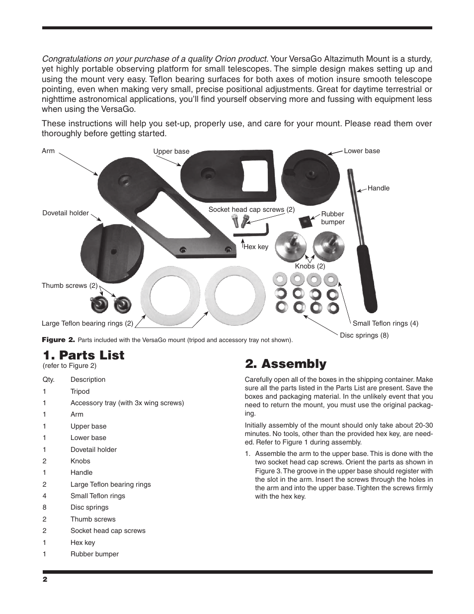 Parts list, Assembly | Orion VERSAGO #5682 User Manual | Page 2 / 8