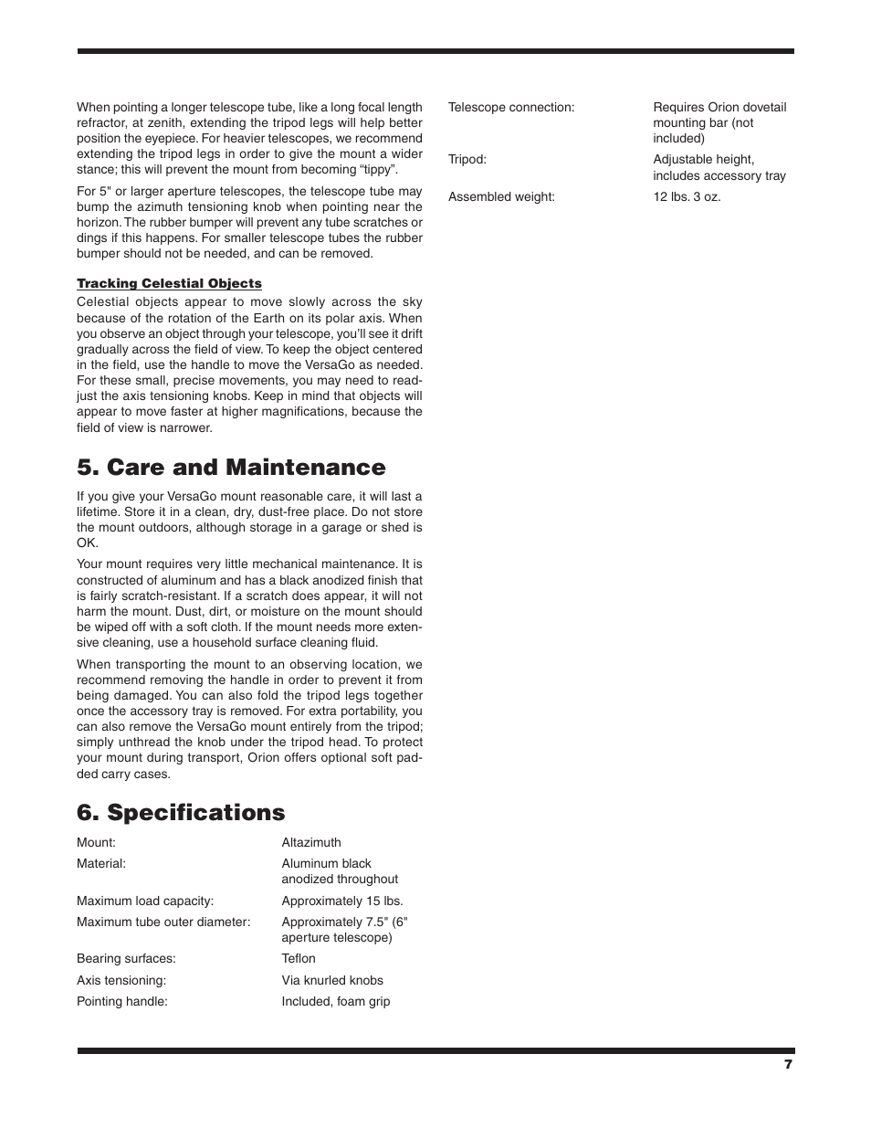 Care and maintenance, Specifications | Orion VERSAGO #5682 User Manual | Page 7 / 8