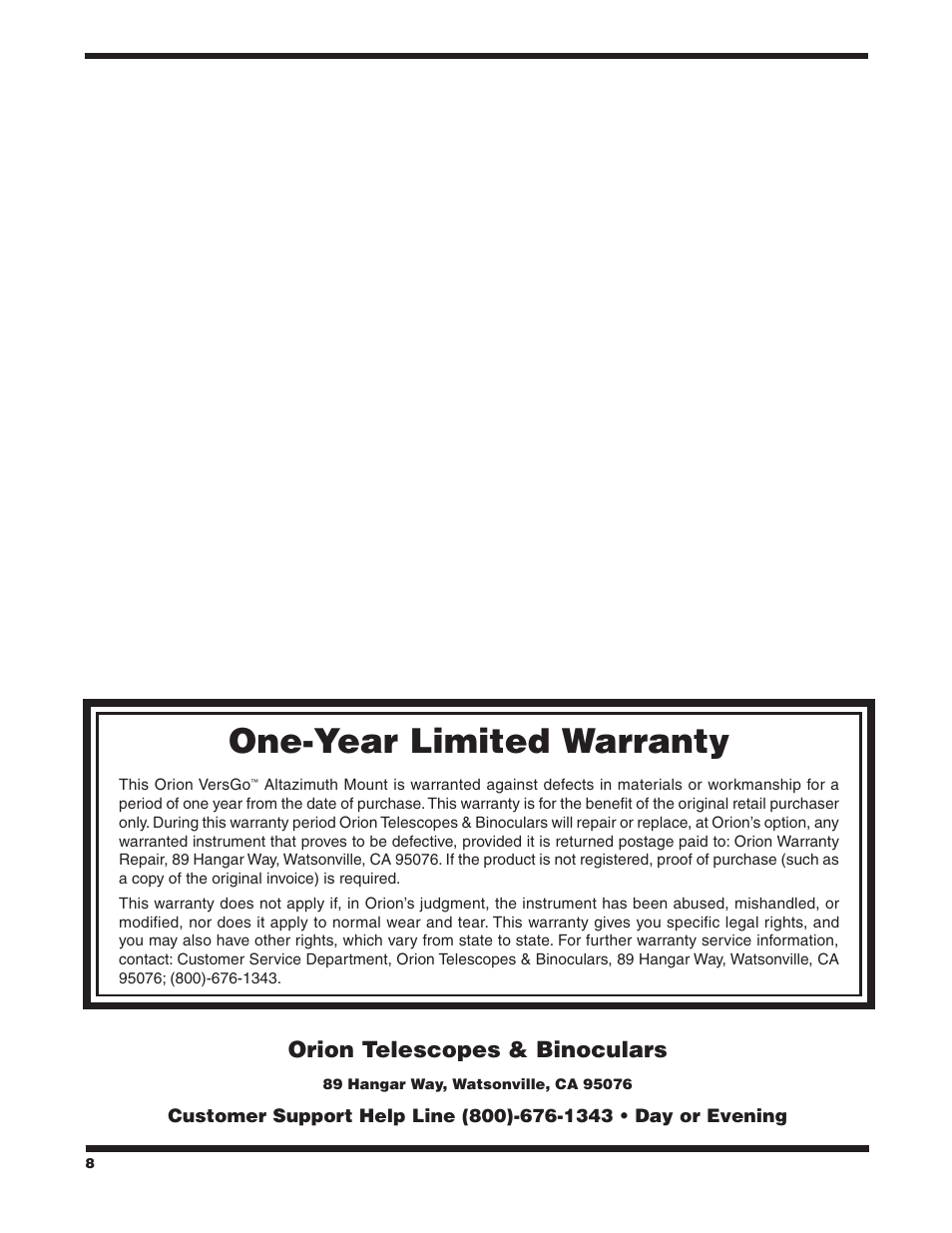 One‑year limited warranty, Orion telescopes & binoculars | Orion VERSAGO #5682 User Manual | Page 8 / 8