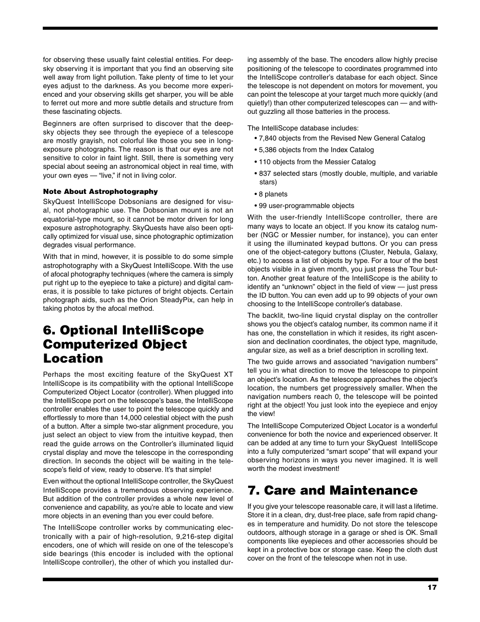 Optional intelliscope computerized object location, Care and maintenance | Orion XT10 User Manual | Page 17 / 20