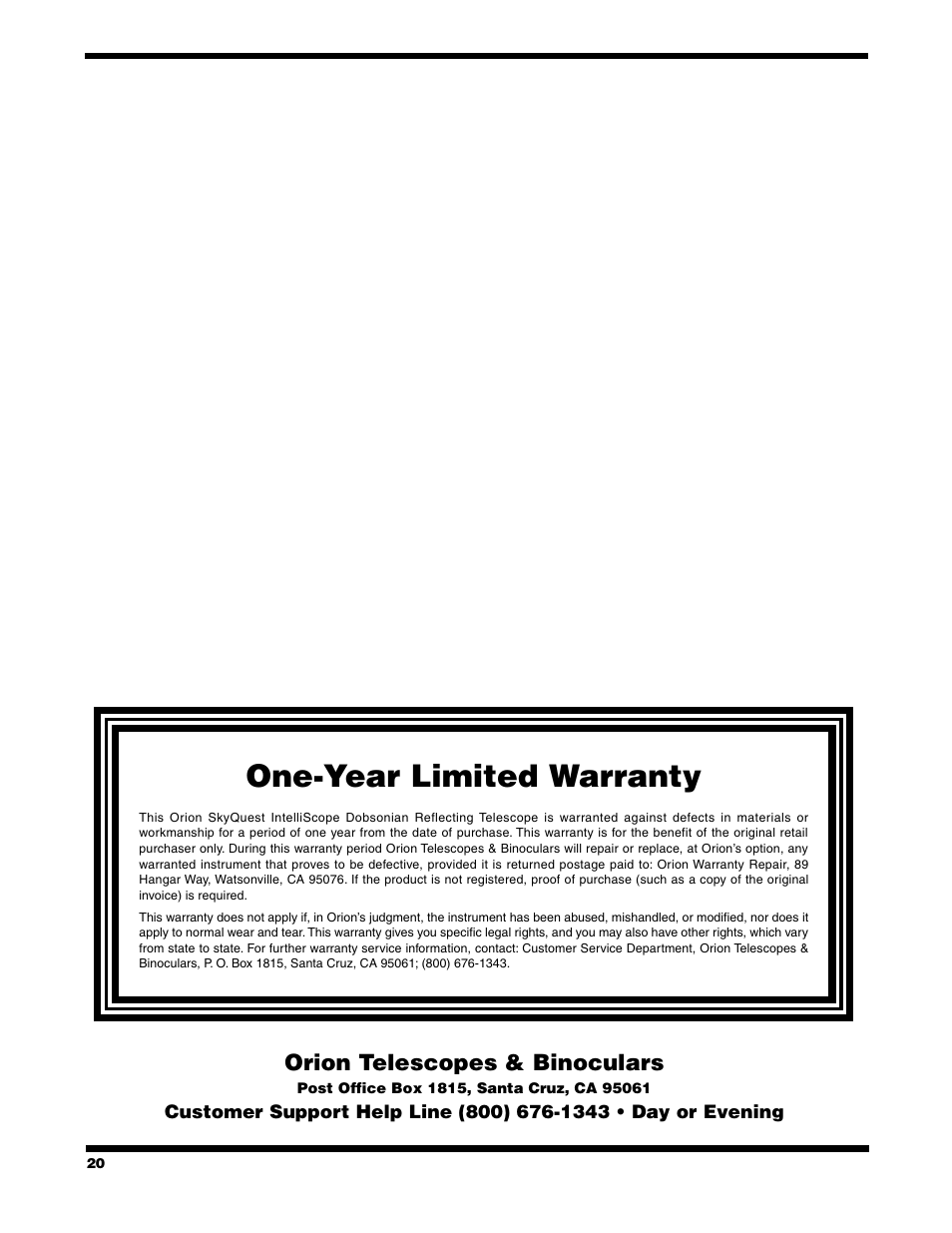 One-year limited warranty, Orion telescopes & binoculars | Orion XT10 User Manual | Page 20 / 20