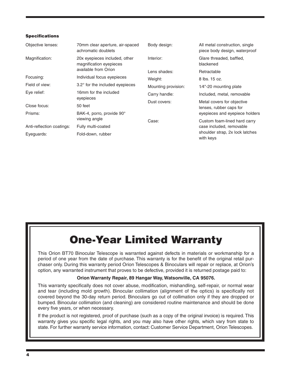 One-year limited warranty | Orion BT70 User Manual | Page 4 / 4