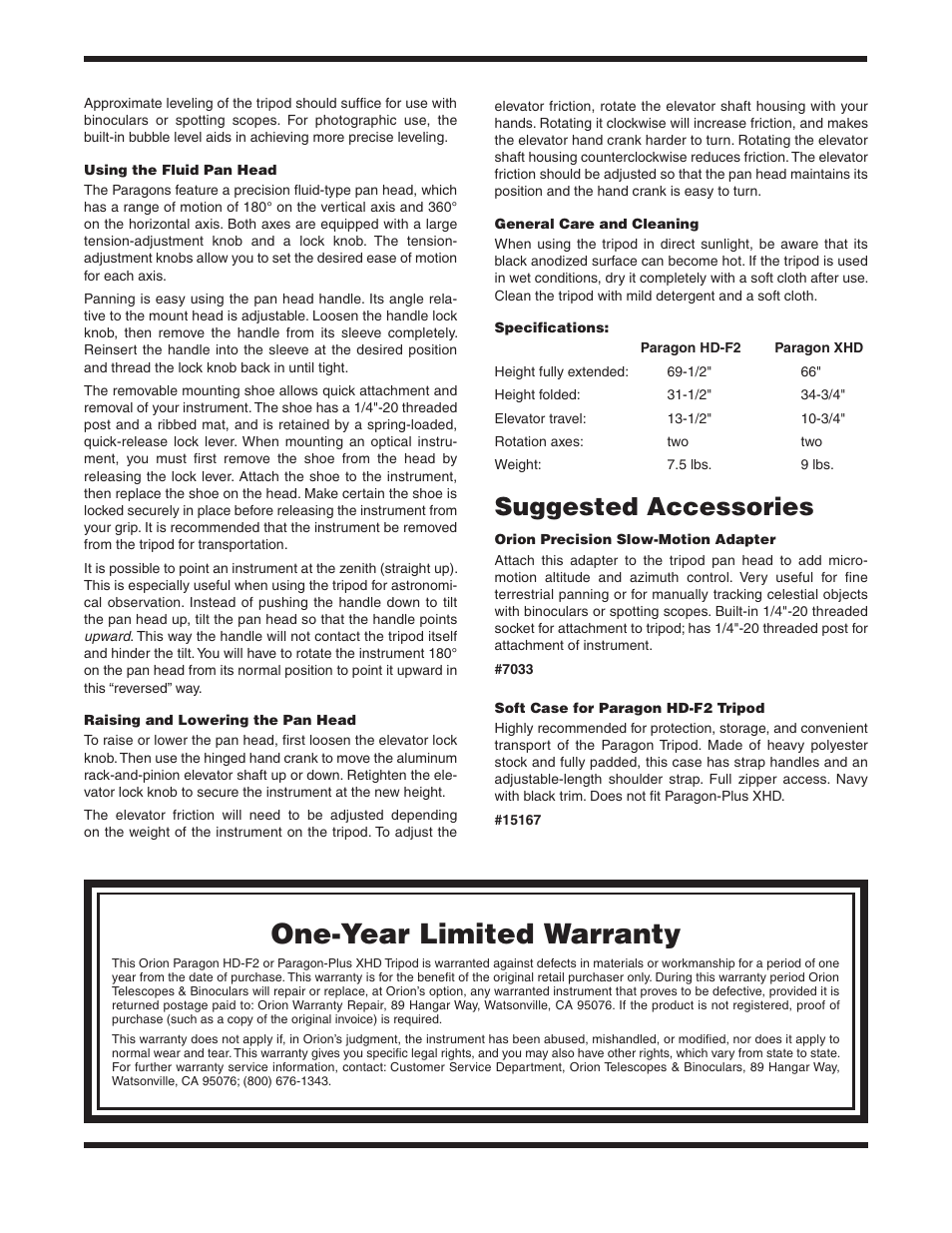 One-year limited warranty, Suggested accessories | Orion PARAGON 5360 User Manual | Page 2 / 2