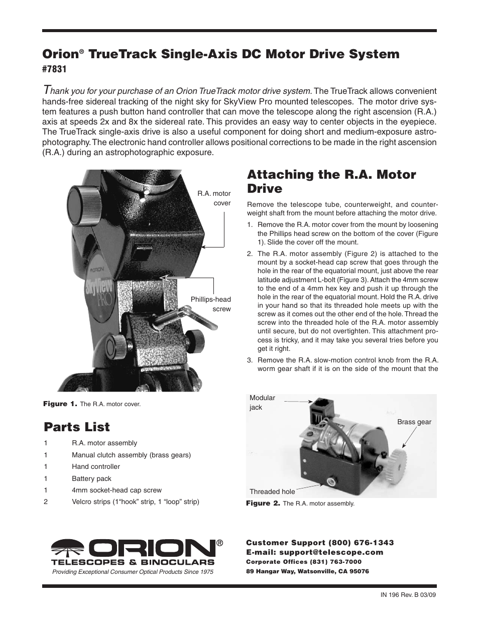 Orion TRUETRACK SINGLE-AXIS DC MOTOR DRIVE SYSTEM 7831 User Manual | 3 pages