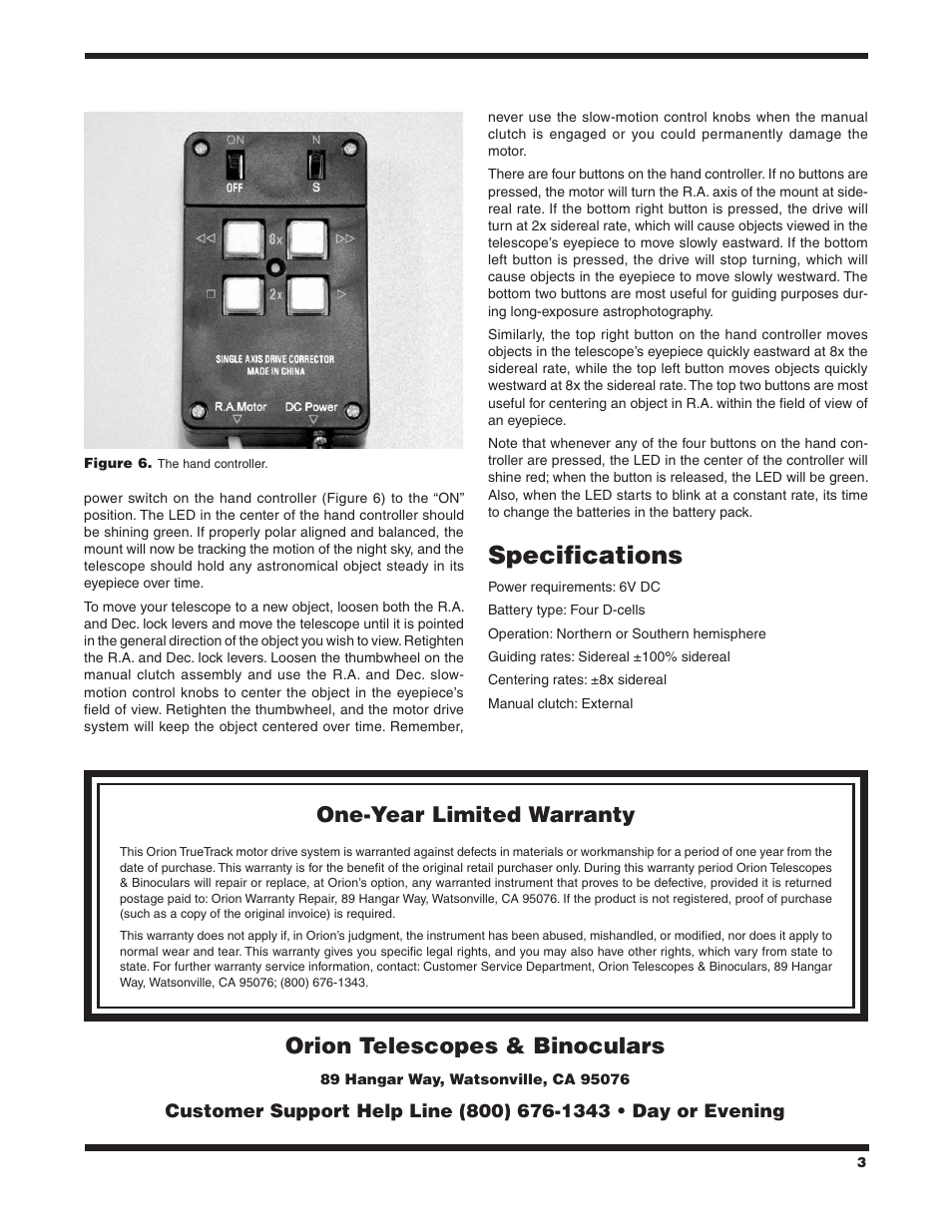Specifications, Orion telescopes & binoculars, One-year limited warranty | Orion TRUETRACK SINGLE-AXIS DC MOTOR DRIVE SYSTEM 7831 User Manual | Page 3 / 3