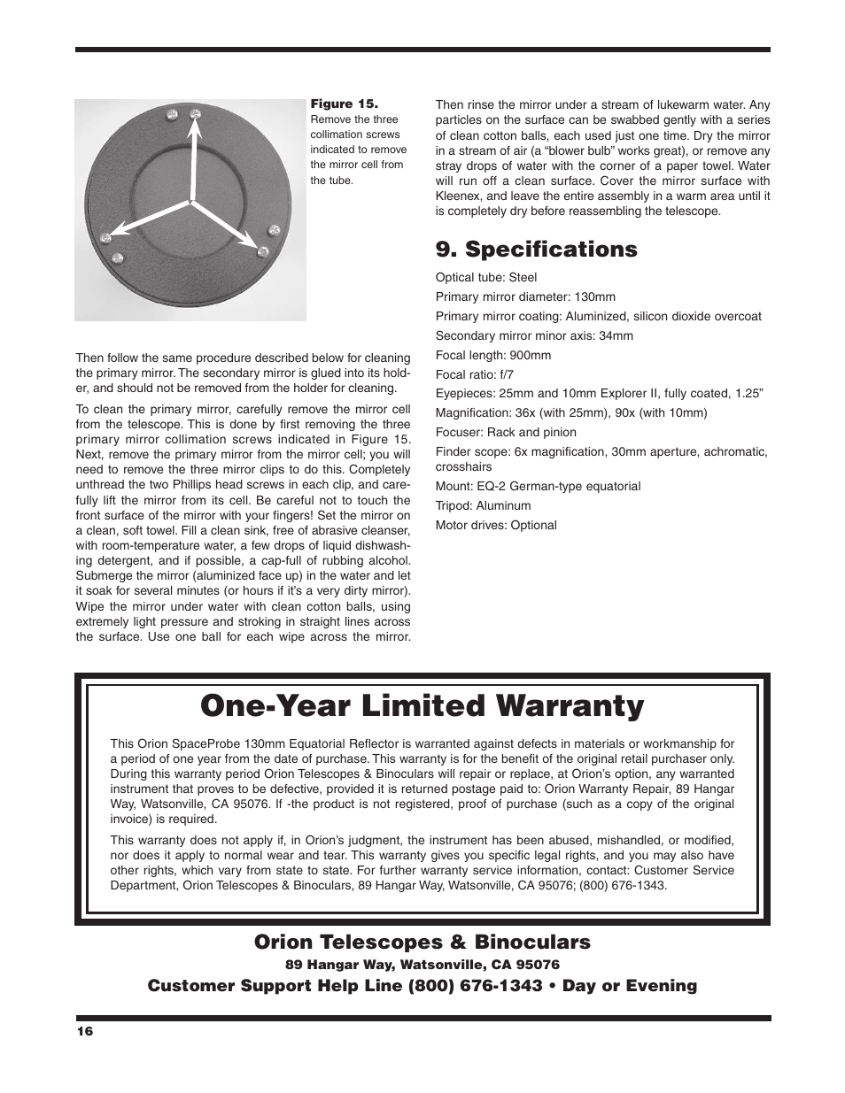 One-year limited warranty, Specifications, Orion telescopes & binoculars | Orion SPACEPROBE 9851 User Manual | Page 16 / 16